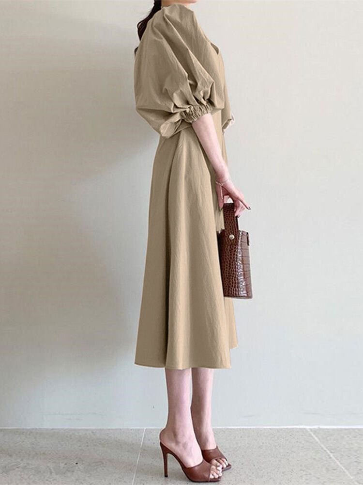 Women Puff Sleeve 100% Cotton V-Neck Solid Color Elastic Cuff Pleats Midi Dresses