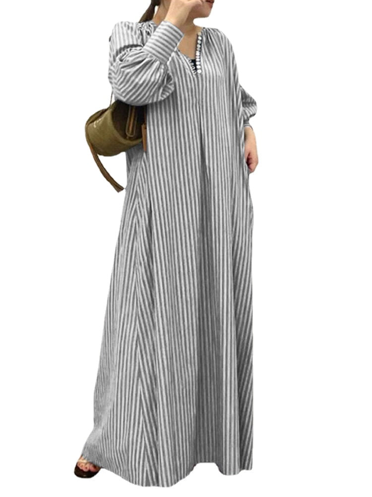 Stripe Print Button V-neck Long Sleeve Loose Shirt Dress