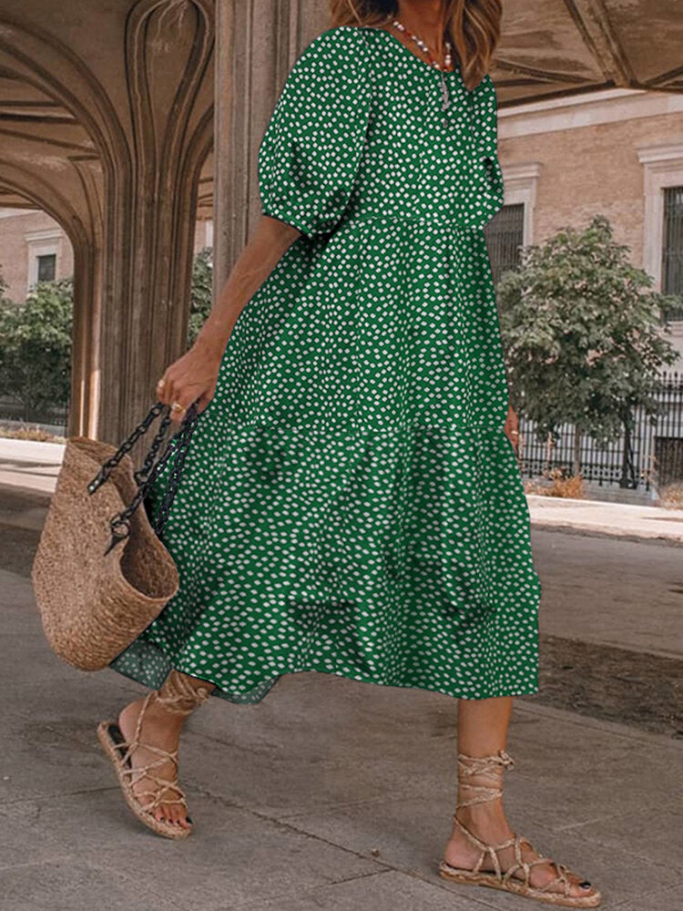 Casual Loose Floral Print O-neck Puff Sleeve Pleated A-line Maxi Dress