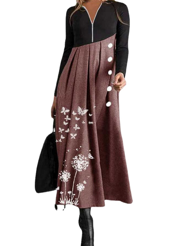 Women Contrast Patchwork Butterfly Print V-Neck Zip Long Sleeve Casual Maxi Dresses