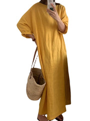 Solid Long Sleeve Round Neck Casual Cotton Maxi Dress