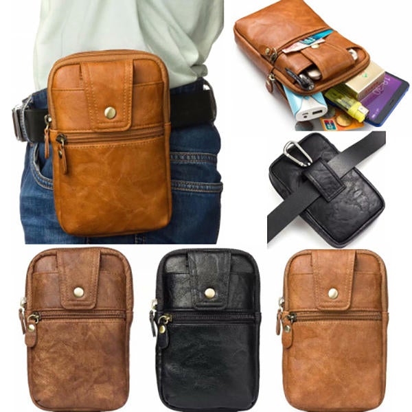 Men Genuine Leather Double Zipper Waist Bag Crossbody