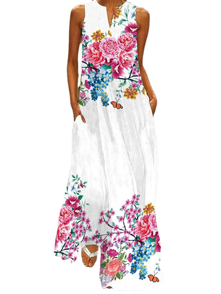 Flower Print Pocket Half Open Collar Sleeveless Maxi Dress