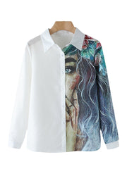 Women Figure Print Patchwork Lapel Long Sleeve Casual Shirts