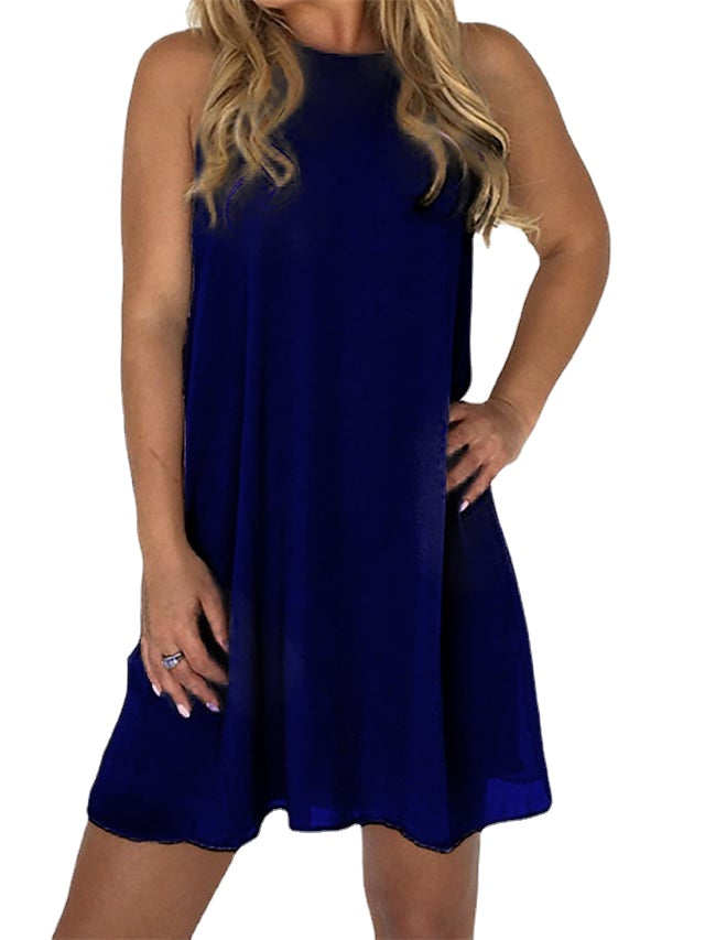 Women's Sleeveless Pure Color Mesh Crew Neck Simple Dress