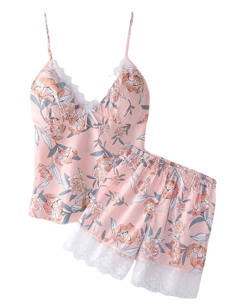 Women's Floral Lace Trim Pajama Set - Smooth Vest & Shorts