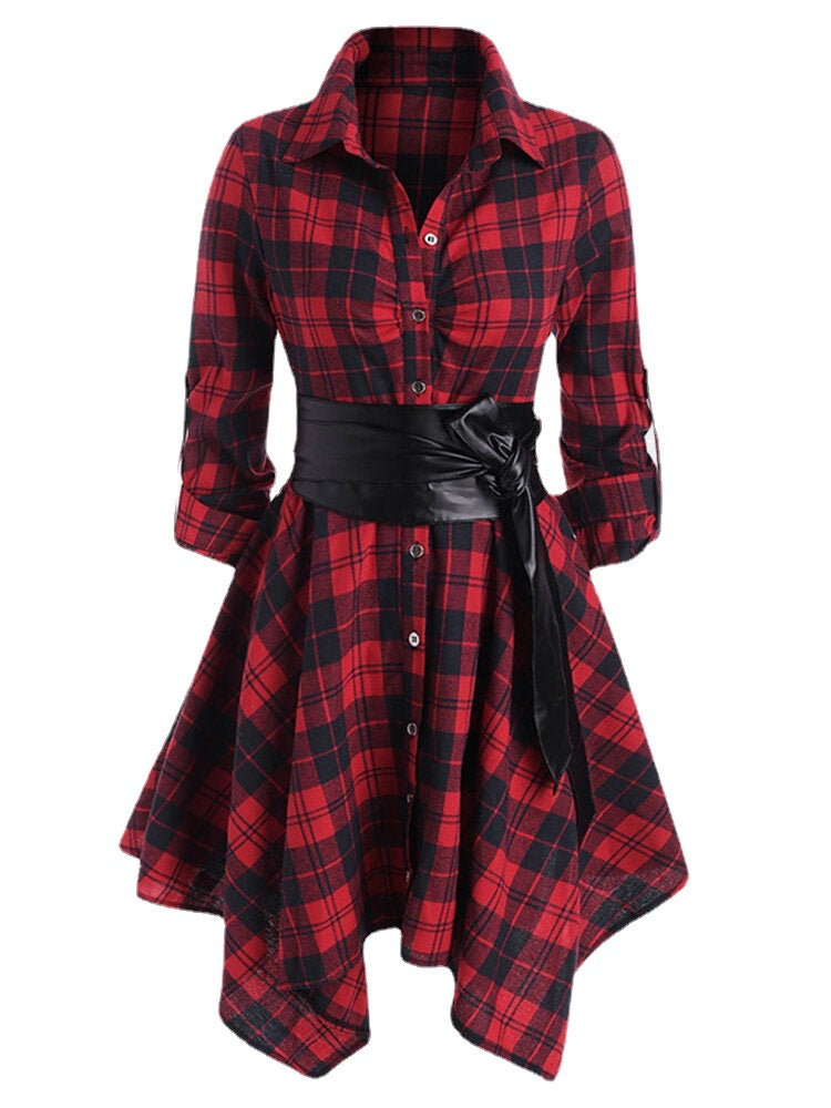 Women Classic Plaid Asymmetrical Shirt Dress With Belt