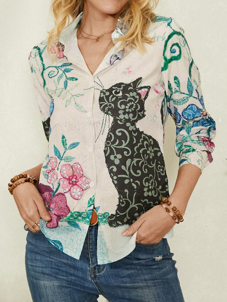 Women Cute Cat Print Long Sleeve Lapel Casual Shirt