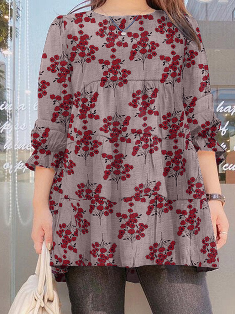 Women Floral Puff Sleeve Spliced Buttons Pleated O-Neck Casual Blouses