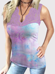 Lace Patchwork Tie-dye Print V-neck Sleeveless Slim Tank Top