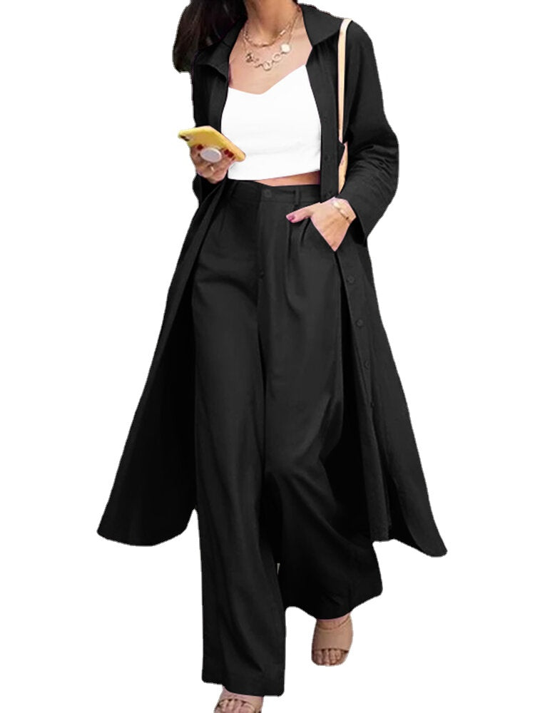 Solid Pocket Button Lapel Long Sleeve Two Pieces Set Women