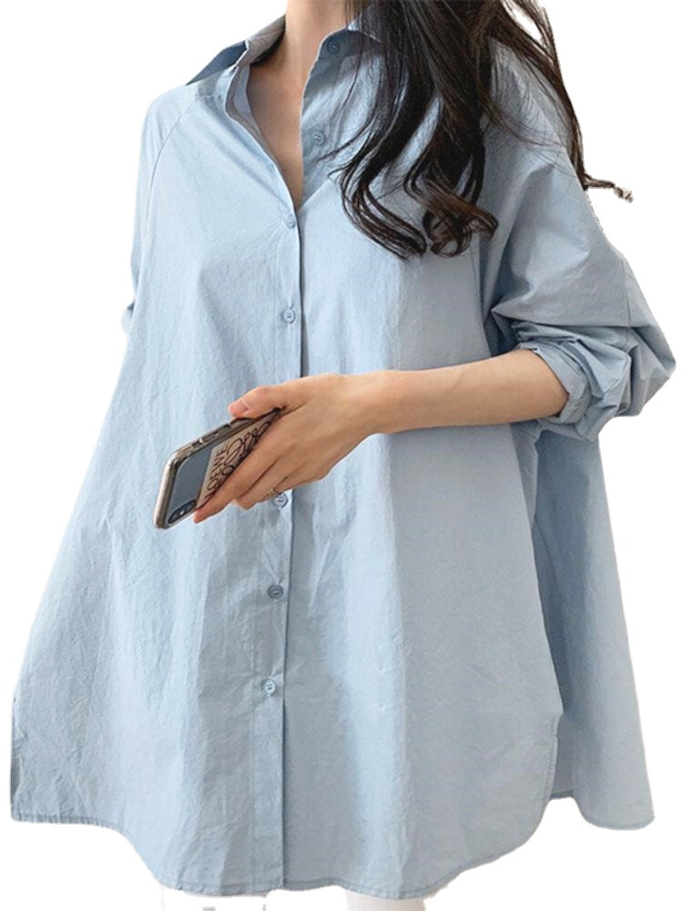 Plus Size Women Button Up Irregular Raglan Sleeve Loose Plain Casual Shirts