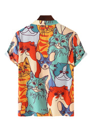 Women Cartoon Cat Print Turn-down Collar Short Sleeve Shirts