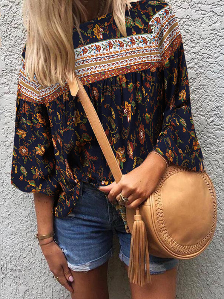 Floral Print Bohemian Long Sleeve Crew Neck Blouse