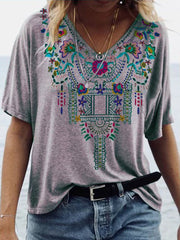 Bohemian Short Sleeved V-neck Floral Print Ethnic Blouse For Women