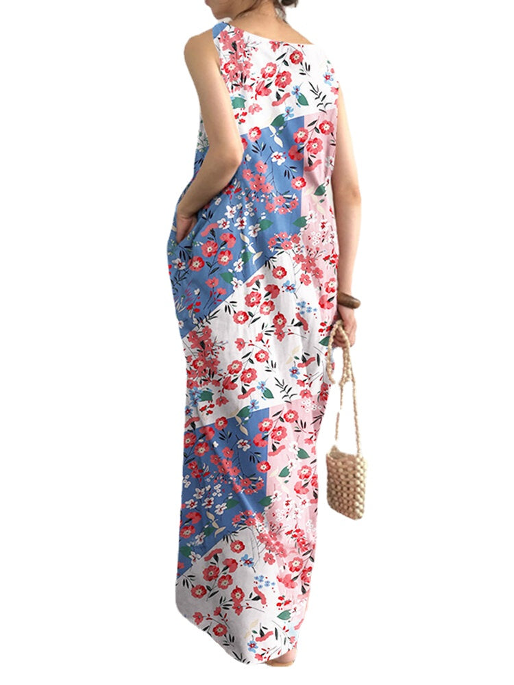 Floral Print Pocket Sleeveless Round Neck Maxi Dress