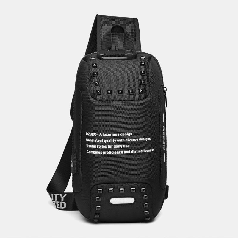 Men Oxford Letter Front Password Lock Anti-theft Design USB Charging Crossbody Bag Multi-pockets Multi-compartments Chest