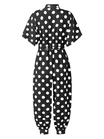 Casual Polka Dot Print Lapel Short Sleeve Button Belted Pocket Jumpsuits For Women