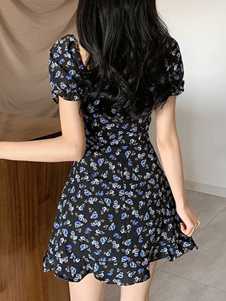 Puff Sleeve Floral Sweet Leisure Summer Holiday Dress For Women