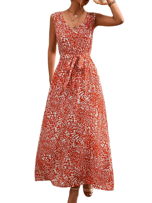 Women's Elegant Sleeveless Flower Lace up V Neck Vacation Long Dress