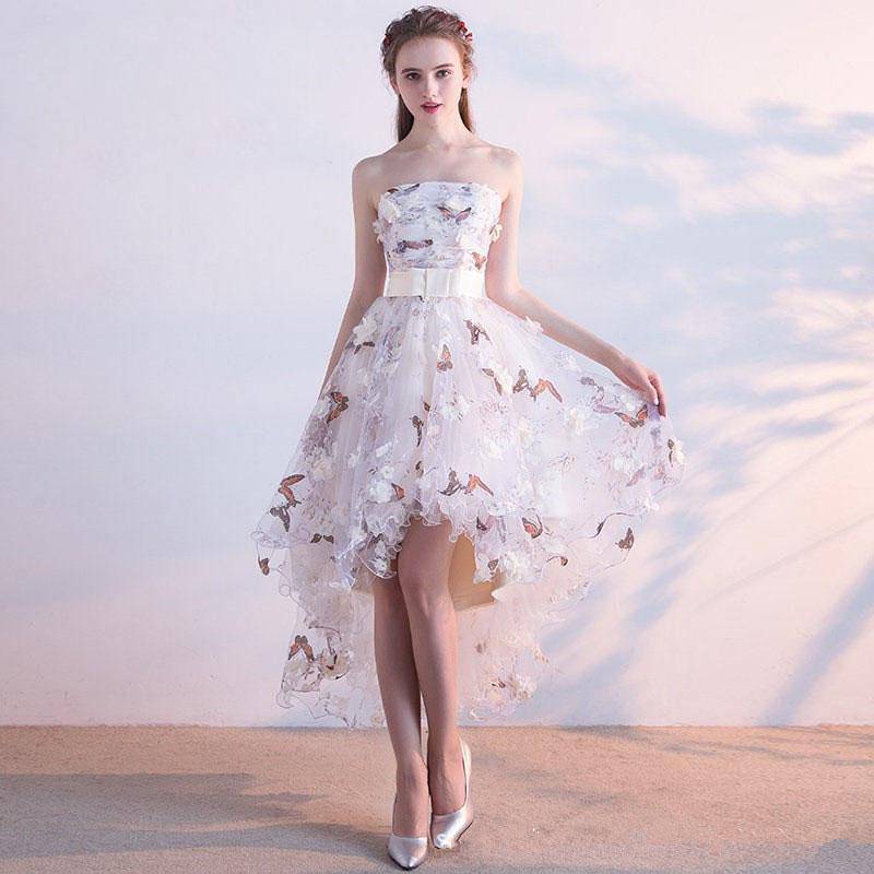 Elegant Strapless Pleat Lace Up High-Low Asymmetry Gown - Sheseelady