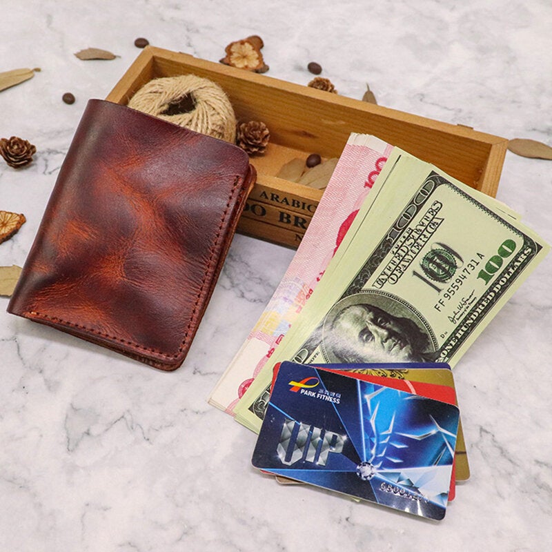 Men Bifold Thin Wallet Simple Retro Vegetable Tanned Leather Card Holder Coin Purse Money Clip