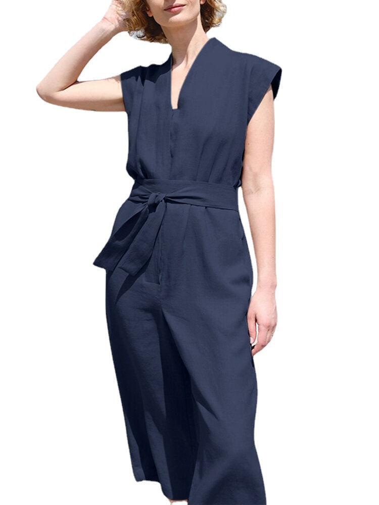 Solid Sash V Neck Pocket Sleeveless Casual Cotton Jumpsuit