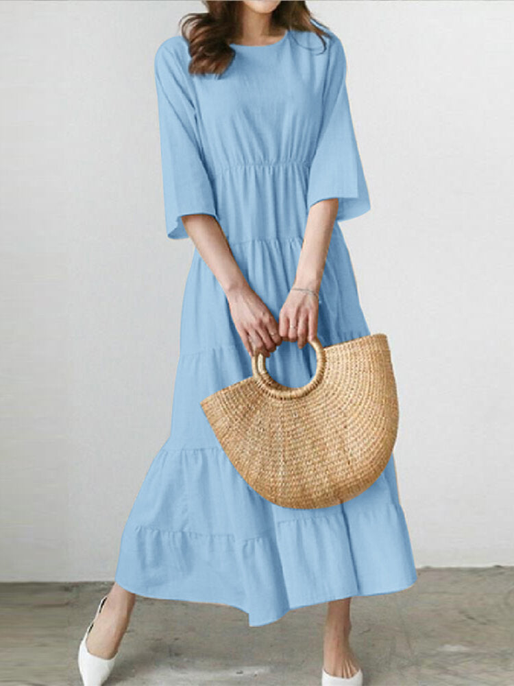 Women Plain O-Neck Stitching Layered Elastic Waist 3/4 Sleeve Maxi Dress