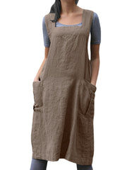Women Sleeveless Side Pockets Cotton Loose Solid Color Vintage Apron Dress