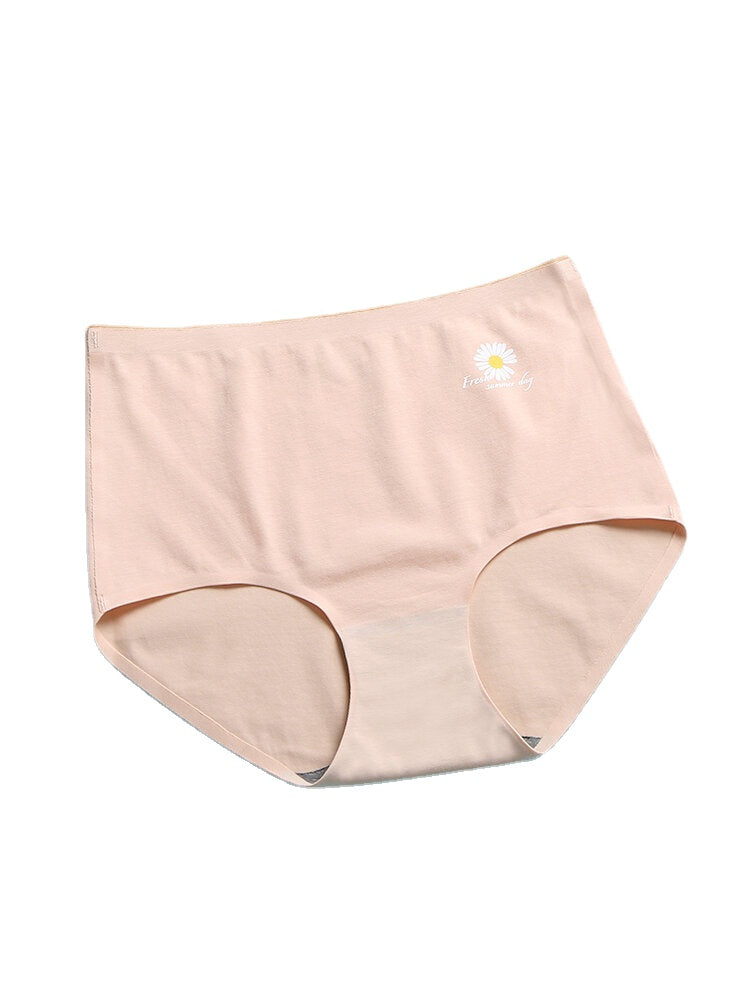 Women Seamless Daisy Print Antibacterial Cotton Breathable High Waist Panties