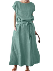 Solid Color Short Sleeve O-neck Knotted Cotton Dress