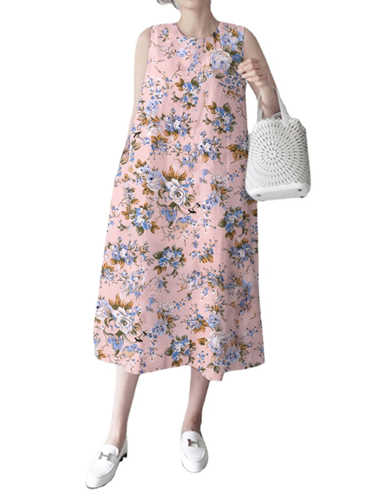 Flower Print Sleeveless Round Neck Print Dress