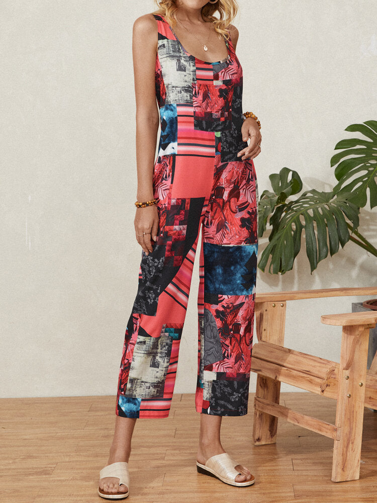 Flower Plants Geometric Print Strap Sleeveless Jumpsuit With Pocket