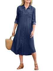 Women Casual Lapel Button Long Sleeve Streetwear Irregular Hem Pocket Shirt Dress