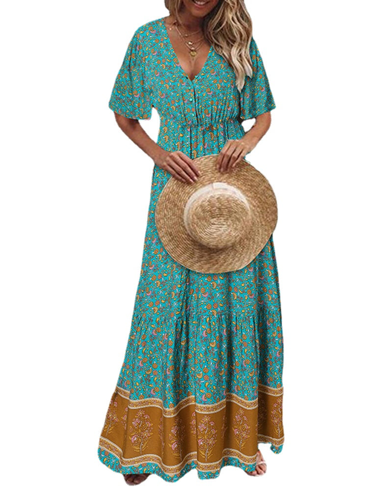 Retro Floral Print V-neck Short Sleeve Elastic Waist Bohemian Holiday Maxi Dress