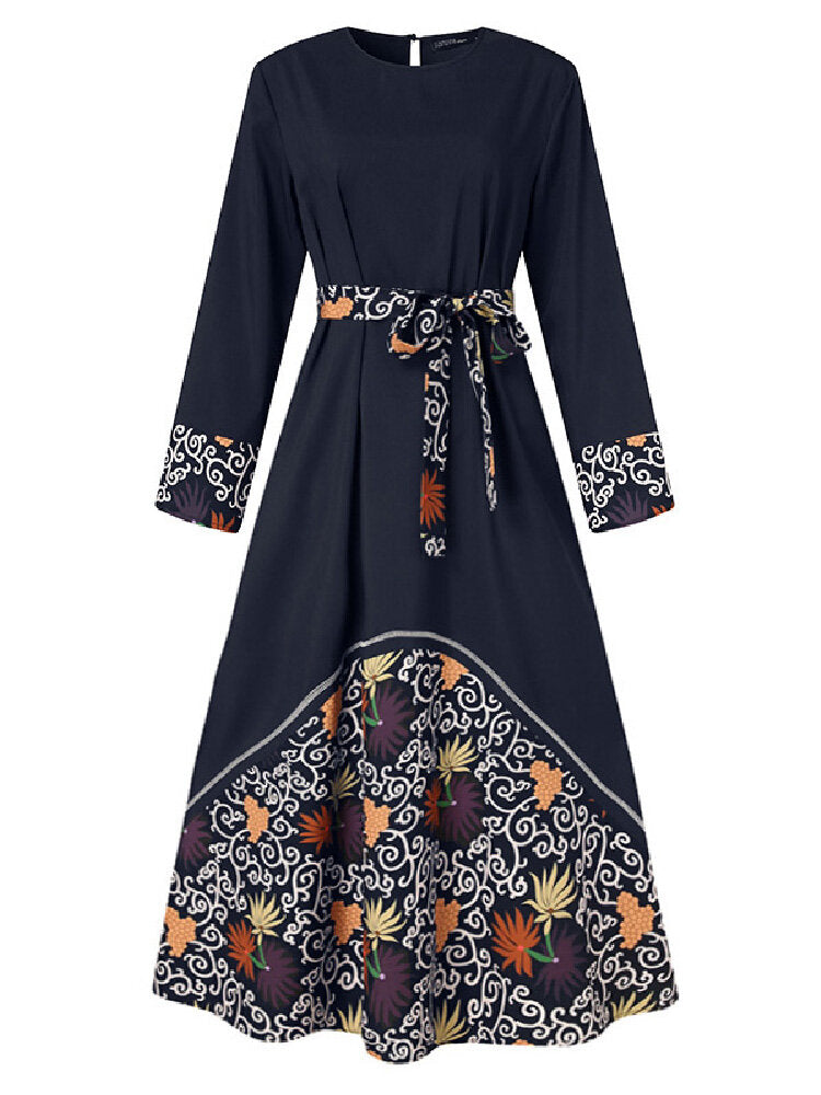 Women Floral Print Patchwork Lace-Up Big Swing Long Sleeve Casual Maxi Dress