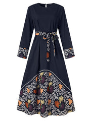 Women Floral Print Patchwork Lace-Up Big Swing Long Sleeve Casual Maxi Dress