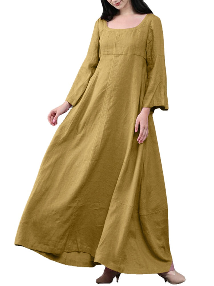 Women Solid Color Square Neck Ruffles Sleeve Zipper Loose Casual Maxi Dress