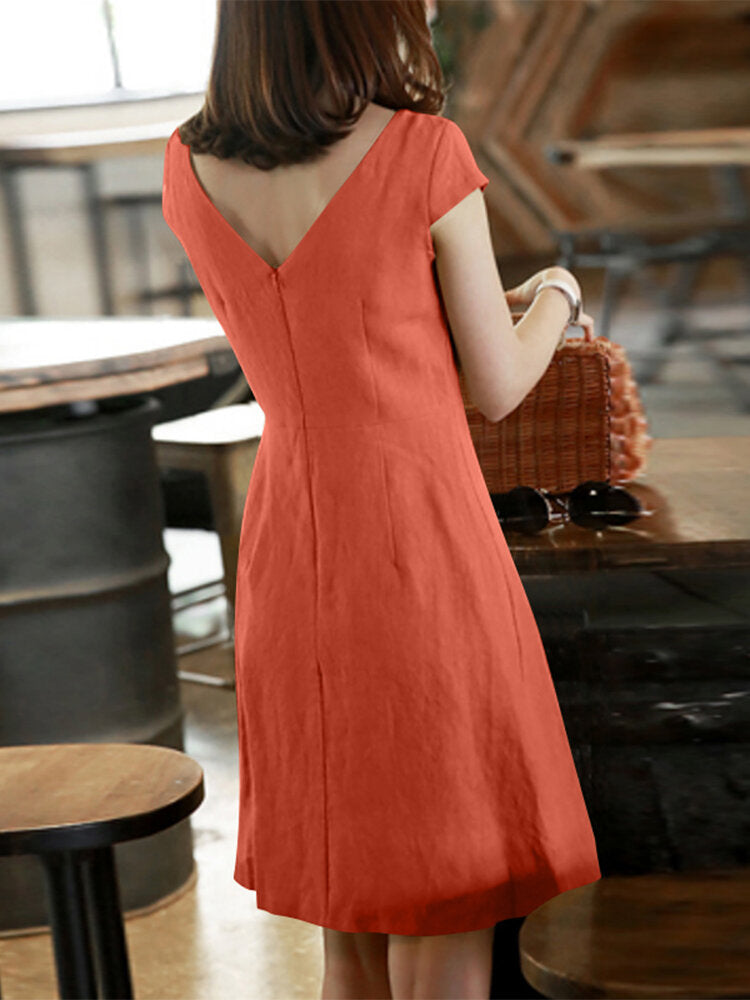 Invisible Zip Solid Short Sleeve Crew Neck Casual Dress