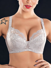 Plus Size Lace Jacquard Gather Full Coverage Push Up Bra, Grey