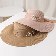 Women Straw Solid Color Elegant Big Brim Pearl Bowknot Wavy Edge Visor Sun Hat Beach Hat Bucket Hat