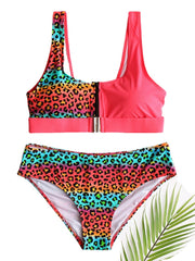 Women Leopard Patchwork Front Zipper Bikini Backless Swimwear