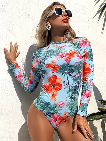 Tropical Leaves Print High Neck Backless Long Sleeve Slimming One Piece Women Swimwear