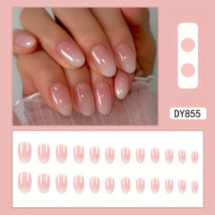 24Pcs Glossy French Style Press On Nails - Medium Oval Pink & White Reusable Fake Nails
