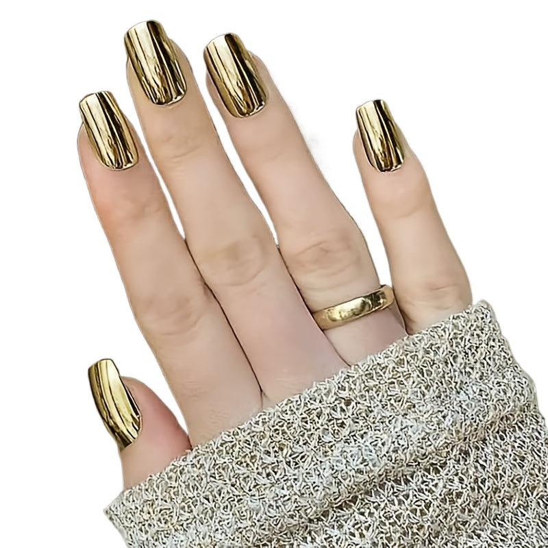 Shiny Metallic Gold Press On Nails - Chrome Mirror Fake Nails, 24pcs Medium Square