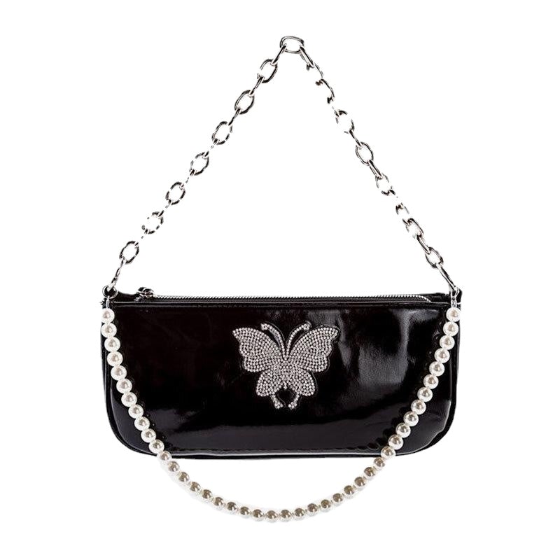 Women PU Leather Pearls Rhinestone Chain Butterflies Pattern Small Square Handbag Shoulder Bag