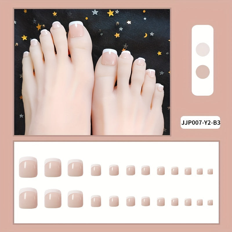Chic 24pc Glossy Nude French Tip Press-On Toenails Set - Durable & Stylish for All Occasions