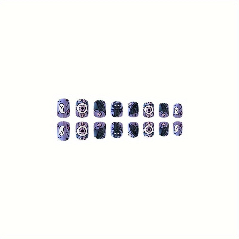 24 Halloween Fake Nails - Purple Bat, Skull, Heart Design - Short Square Press On Nails