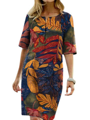 Women Vintage Floral Print Cotton Linen Half Sleeve Casual Midi Dress