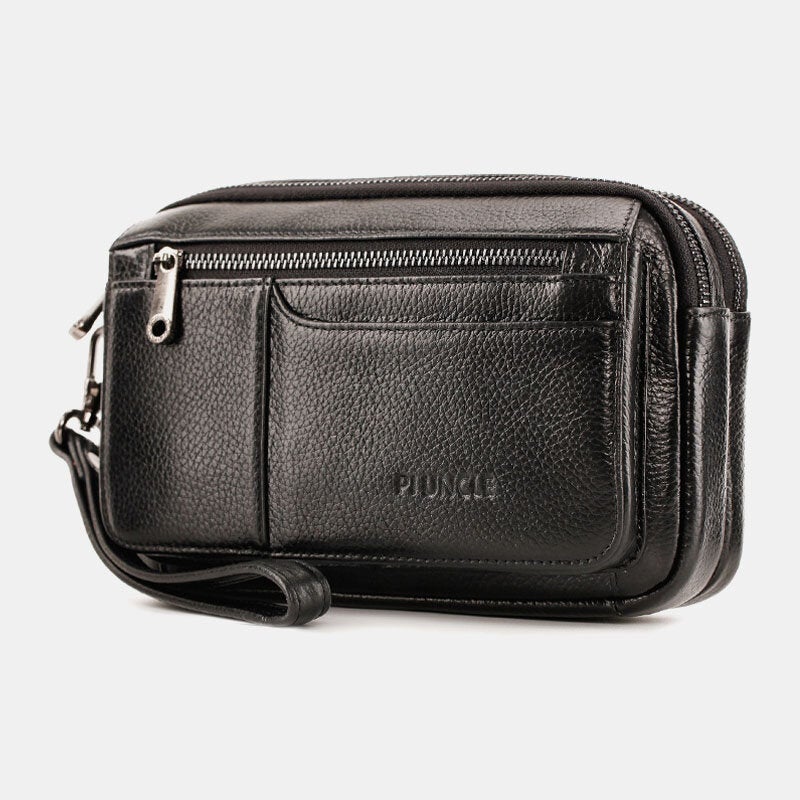 Men Genuine Leather Large Capacity 6.5 Inch Phone Bag Waterproof Double Layer Zipper Pockeet Clutch Bags